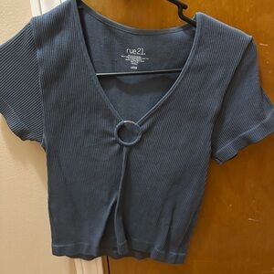 Rue21 Gray Crop Blouse with V-Neck and Tie Front